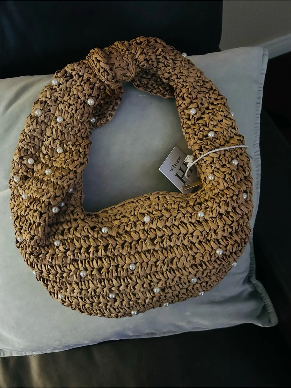 Haute Hippie Tan Woven Pearl-Embellished Shoulder Bag
